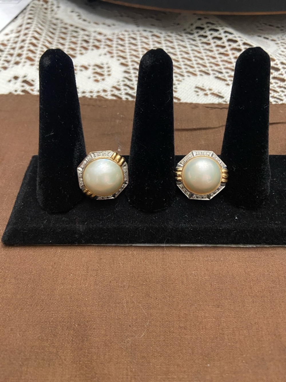 Classic Mabe Pearl and two tone 14Kt Gold & diamond Earrings - White Pearl
